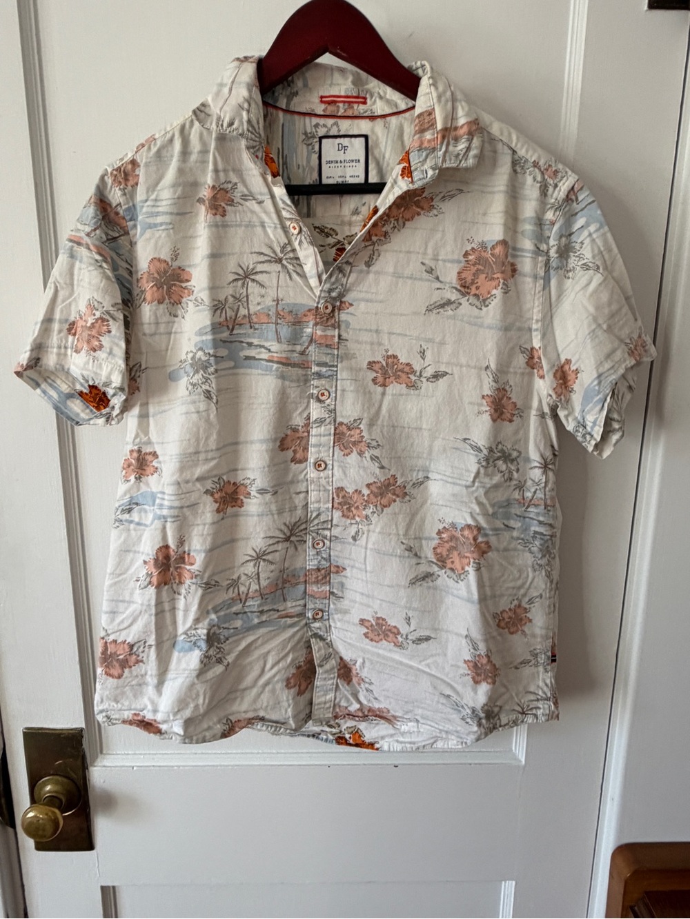 Denim & Flower Cream Hawaiian Floral Short-Sleeve Button-Down Shirt